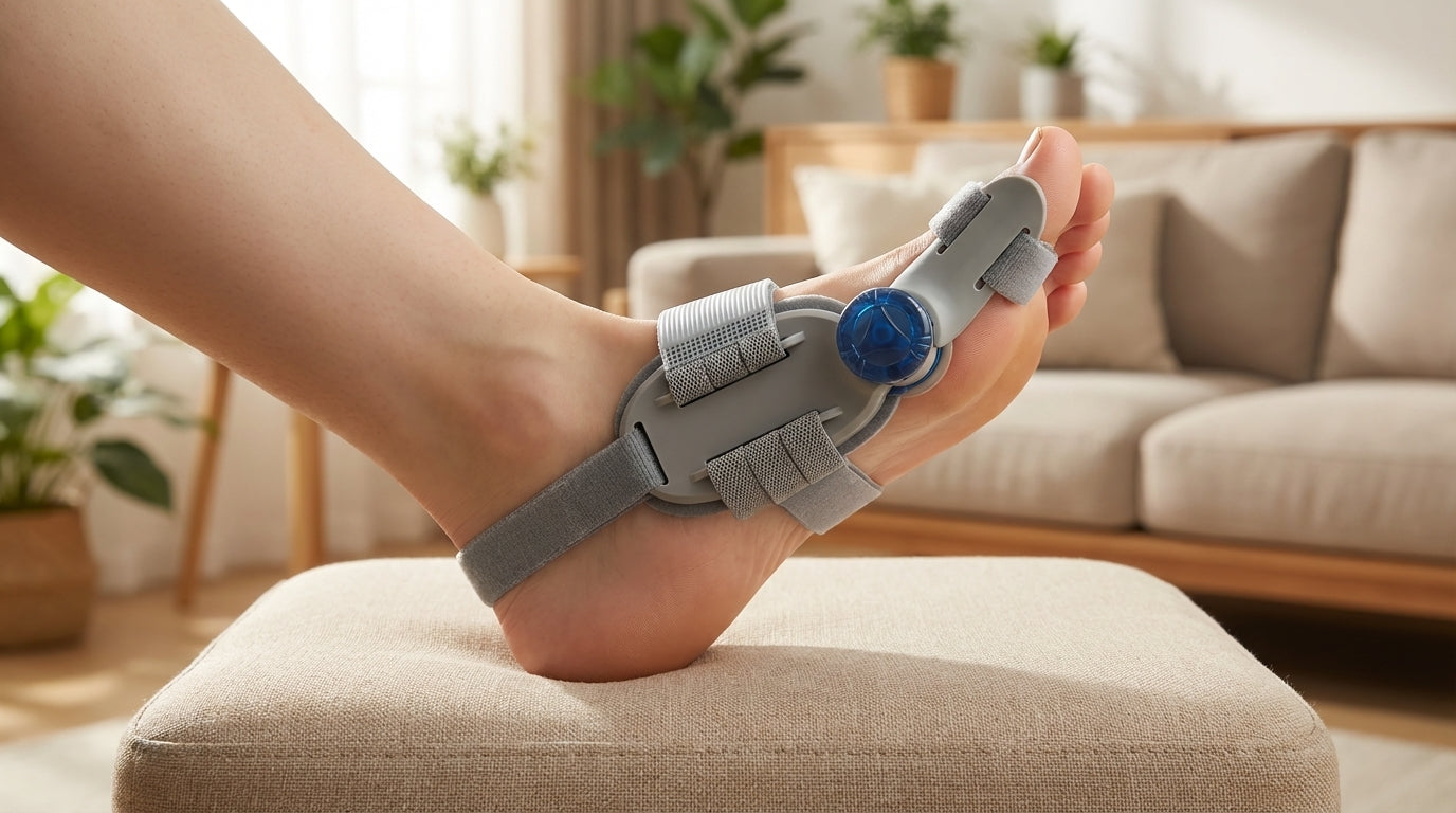 Person using a foot orthotic device in a home setting with plants and furniture.